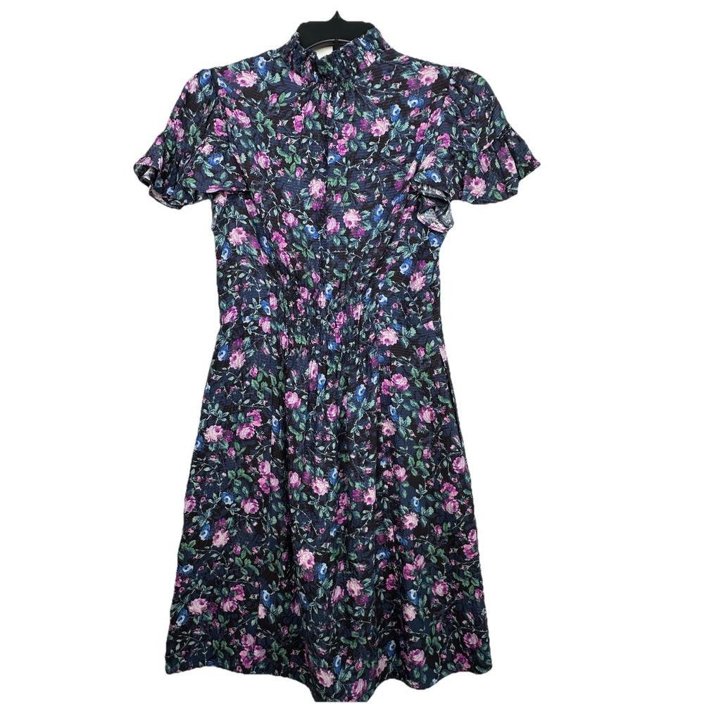 Rebecca Taylor Ruby Navy Floral Hammered Silk Mini Dress Size 2 Cottage Peasant - Picture 9 of 12
